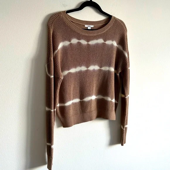Bar III Tye Dye Crew Neck Long Sleeve Sweater Top | Tan + White | Size small - Picture 2 of 4
